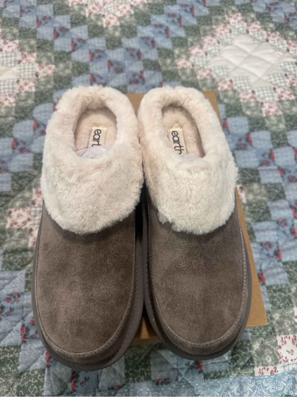 Earth Taupe Suede Slip-Ons with Cream Faux-Fur Collar